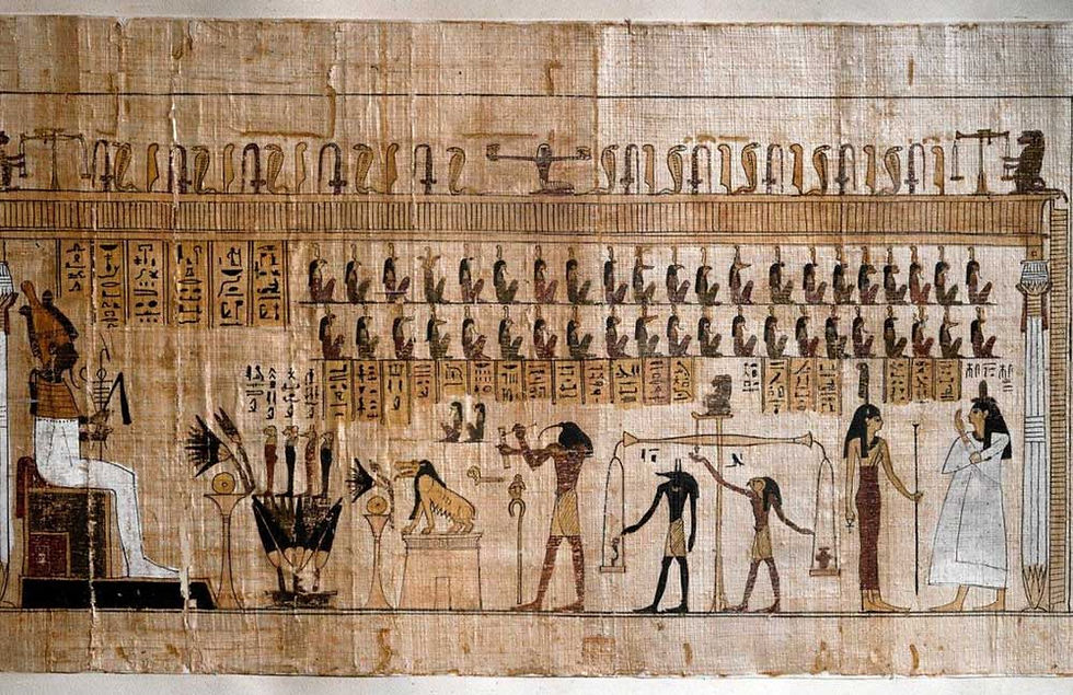 Ancient Egyptian papyrus with rows of hieroglyphs and gods, including a seated figure, in beige and brown tones.