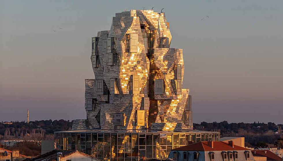 Frank Gehry portrait and example of titanium architectural forms