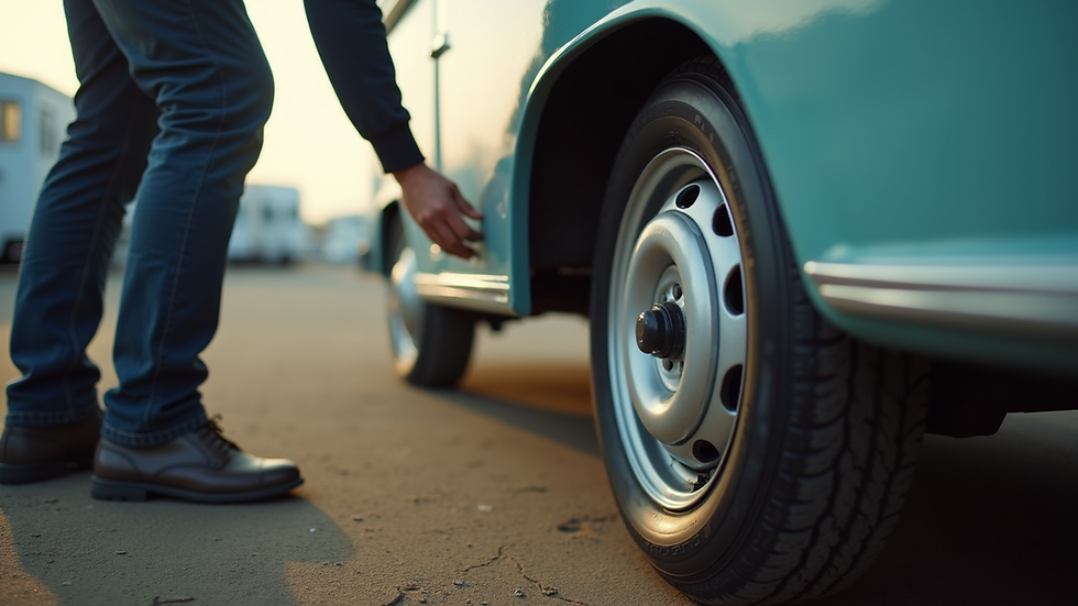 Close-up view of a caravan wheel being inspected