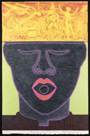FOUNTAINHEAD REJUVENATION, 1989, Etching and Chine Collé on rice paper 15x22 in. Courtesy of the Artist & Miami Dade College. Photo credit: Inga Finch.