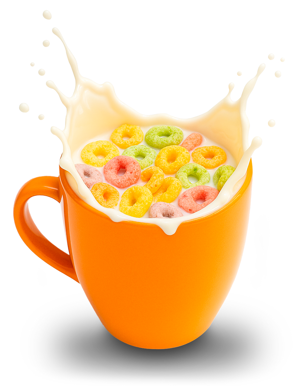 taza con cereal de aros de colores y leche