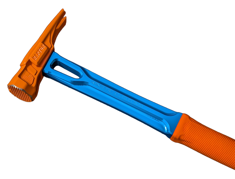 Modern blue and orange claw hammer against black background