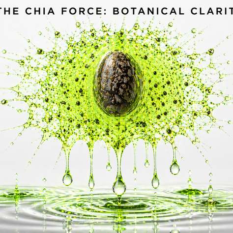 Hydrated chia seed macro showing mucilage network for cocktail clarification and botanical flocculation.