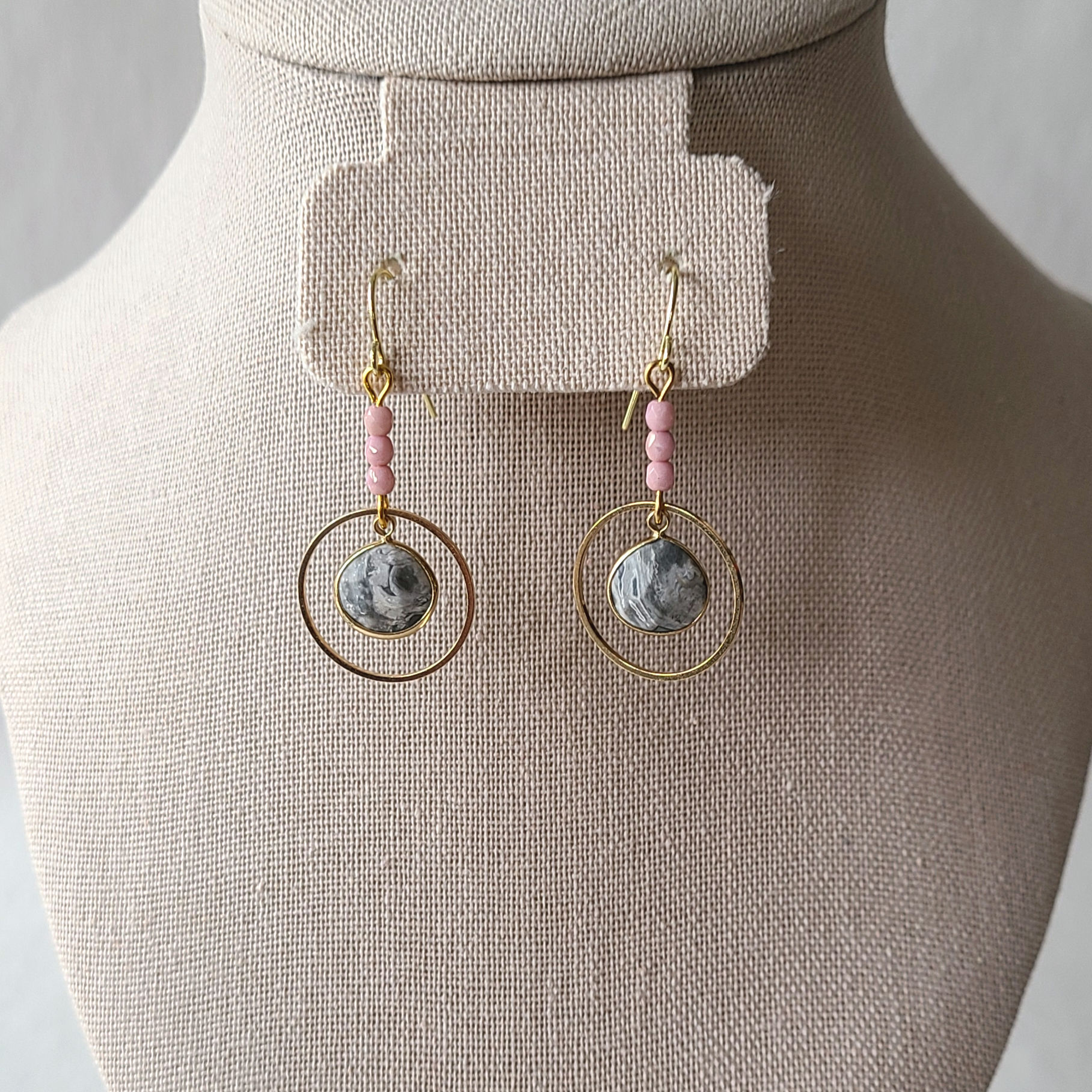 Marble Drops in Gold Hoops w/ Pink Glass Beads