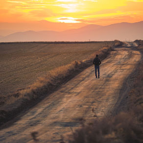 Man walking along a dirt road toward a sunlit horizon.
