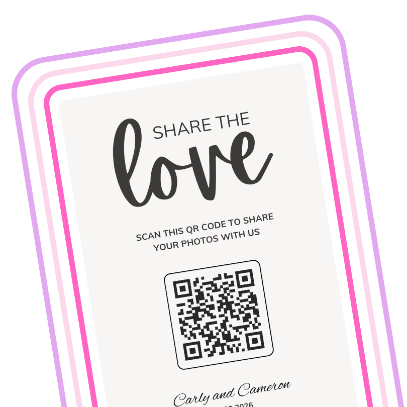 Wedding QR code sign for guests to scan and instantly upload photos to a shared album - no app needed.