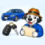 Smog Dog holds a plain paperwork folder beside clearly separated vehicle keys and a blue sedan.