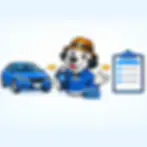 A blue vehicle, Smog Dog holding an inspection scanner and a neutral report form a simple three-step sequence.