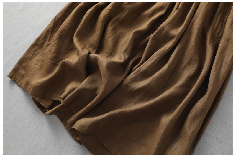 Thumbnail: Vintage Linen Midi Dress – V-Neck Soft Ruffle Detail