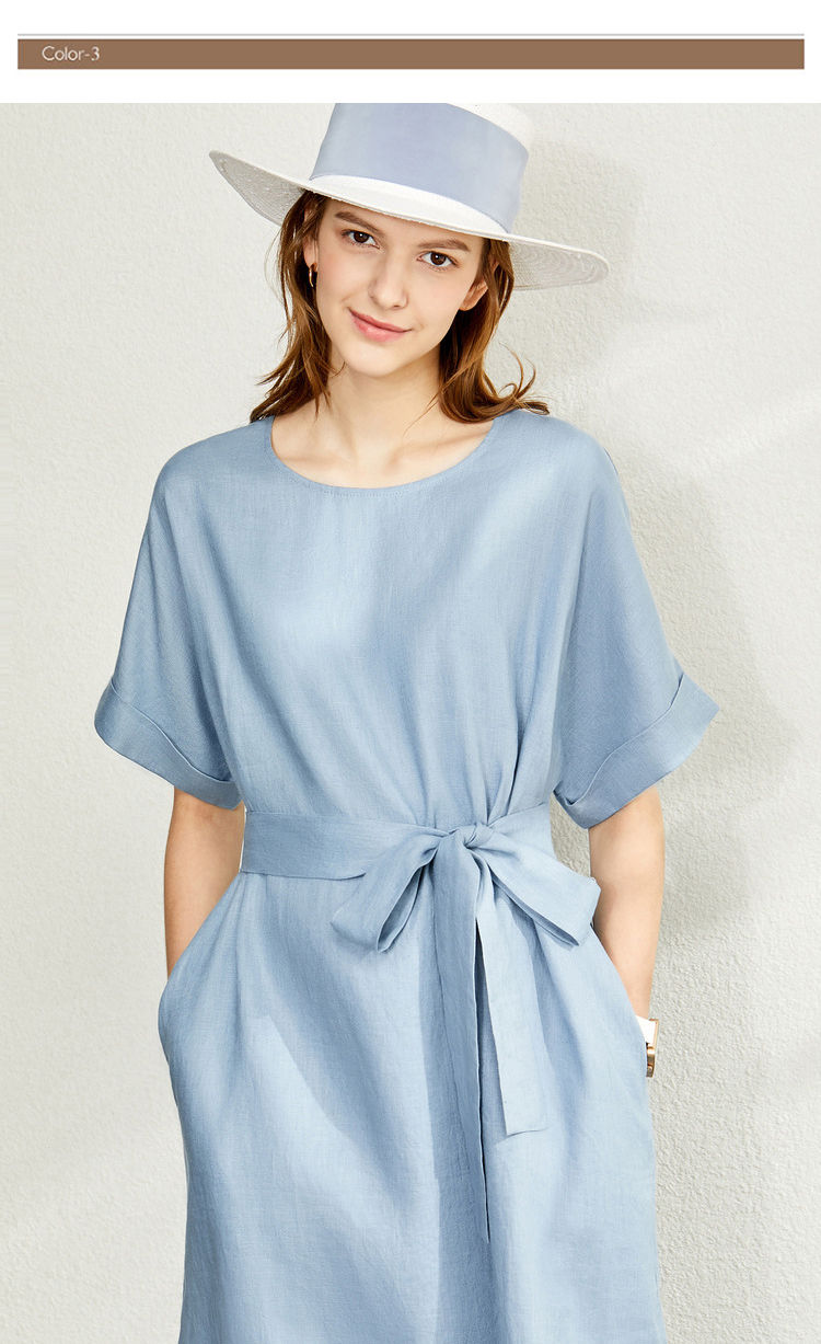 Thumbnail: 100% Linen Minimalist Midi Dress – Clean O-Neck Design