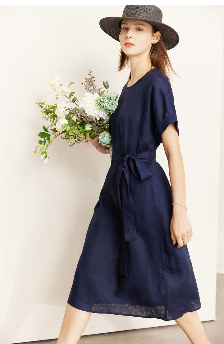 Thumbnail: 100% Linen Minimalist Midi Dress – Clean O-Neck Design