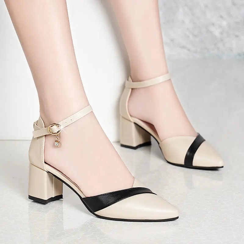 Thumbnail: Square-Toe High Heel Sandals with Buckle Strap