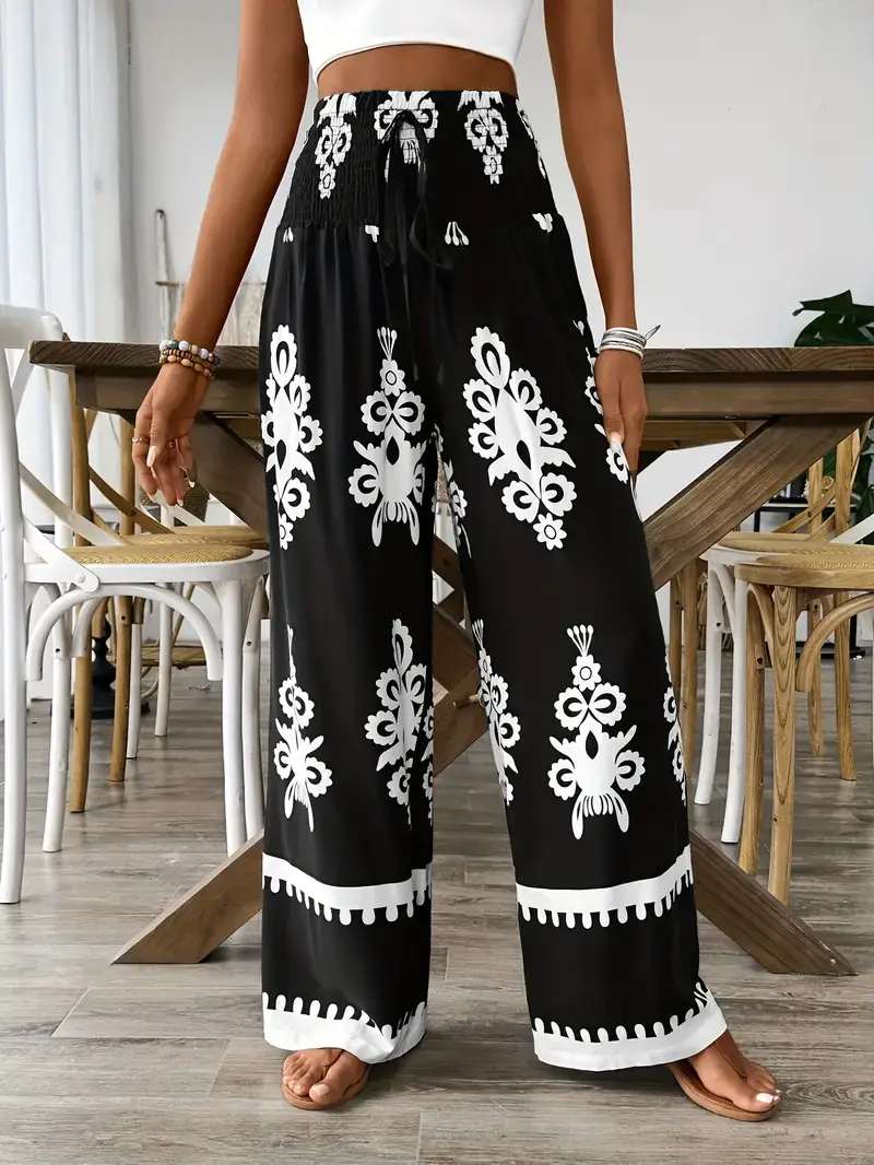Thumbnail: Floral Wide Leg Drawstring Trousers