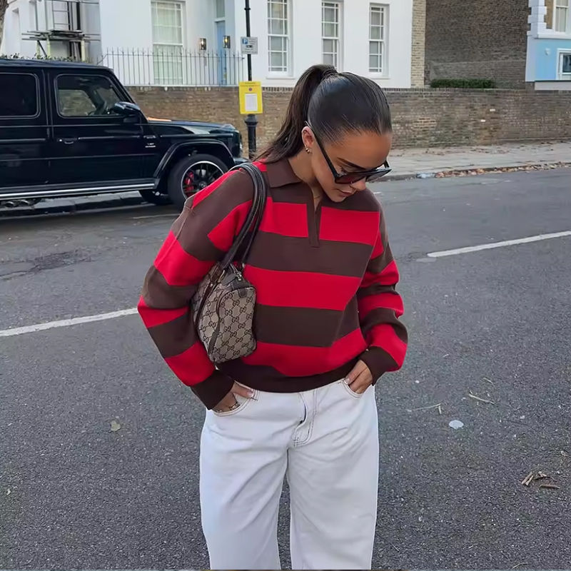Thumbnail: Striped Polo Neck Knit Sweater