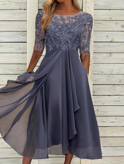 Thumbnail: Chiffon Midi Dress with Lace Detail and Short Sleeves
