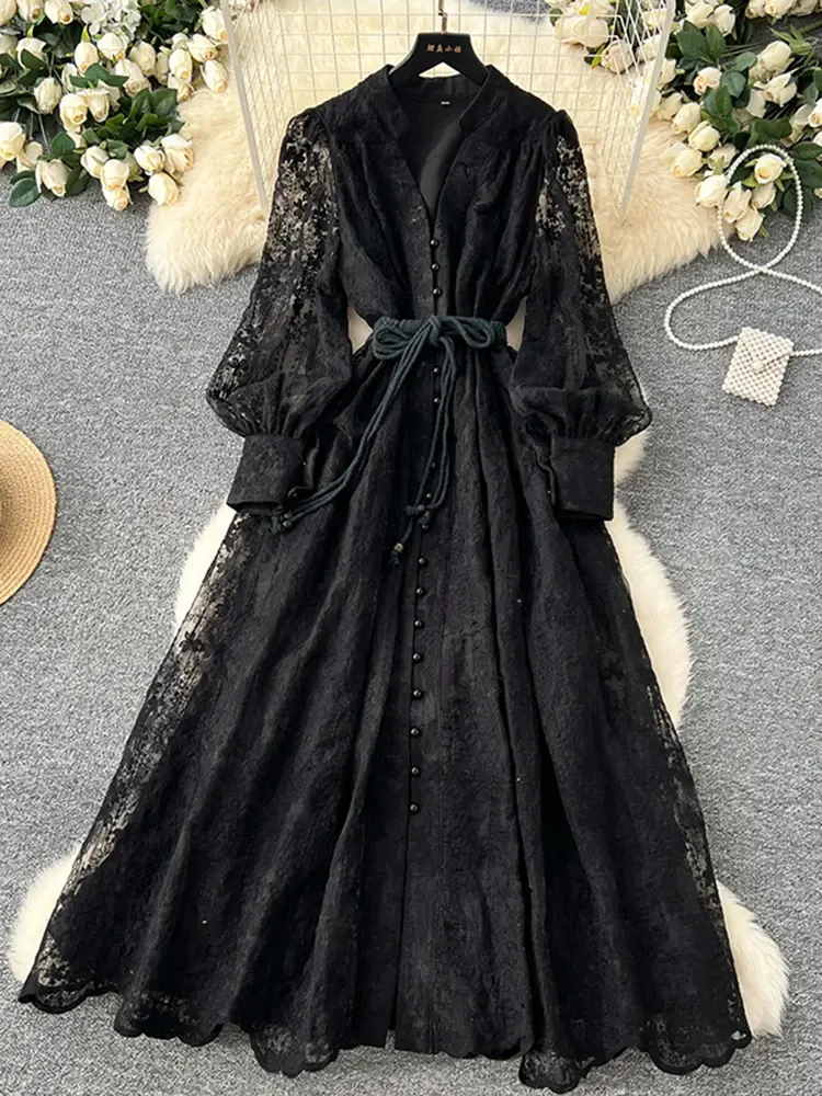 Thumbnail: French Lace Embroidered Dress – V-Neck with Lantern Sleeves