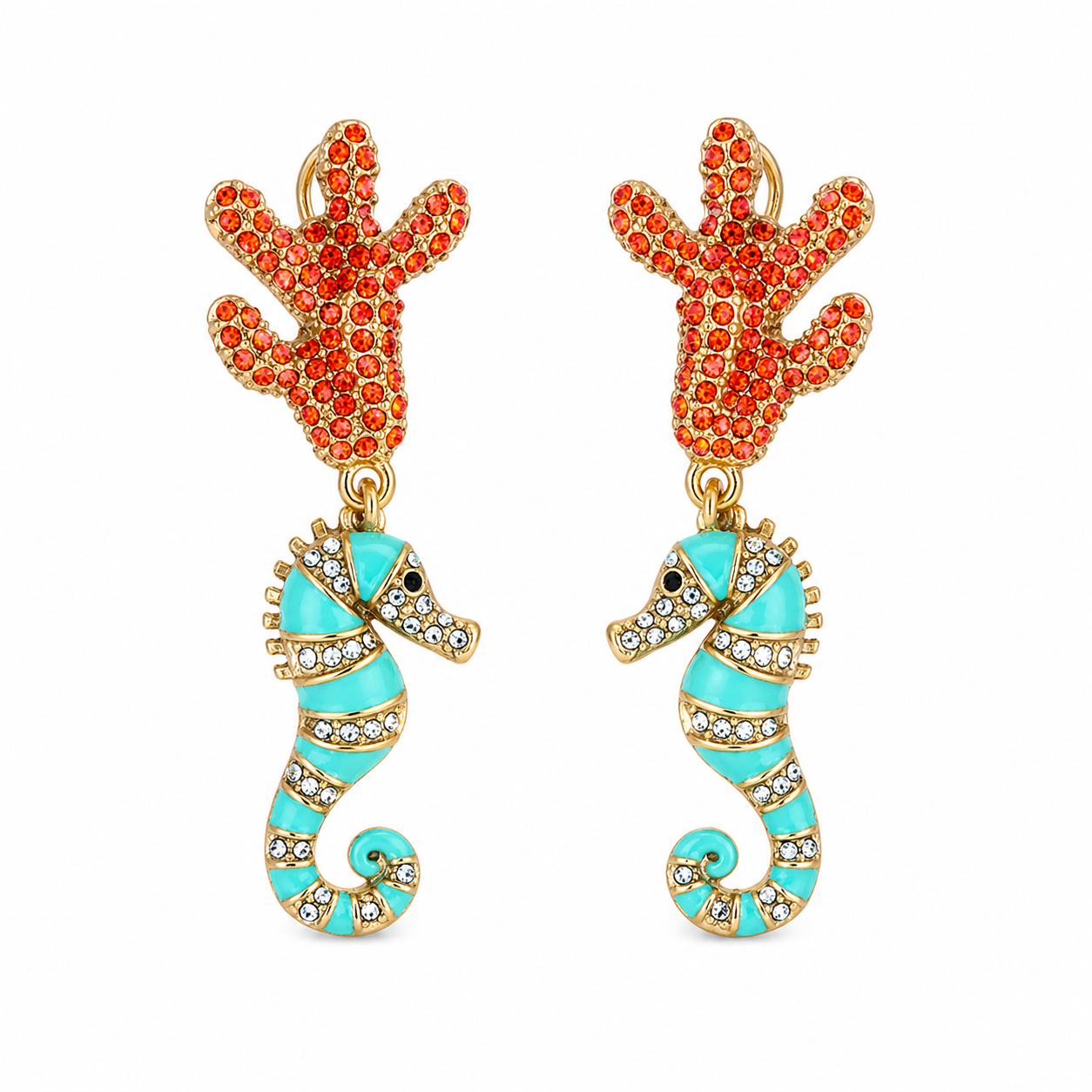 Coral Seahorse Enamel Drop Earrings