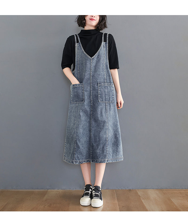 Thumbnail: Denim Overall Midi Dress with Spaghetti Straps