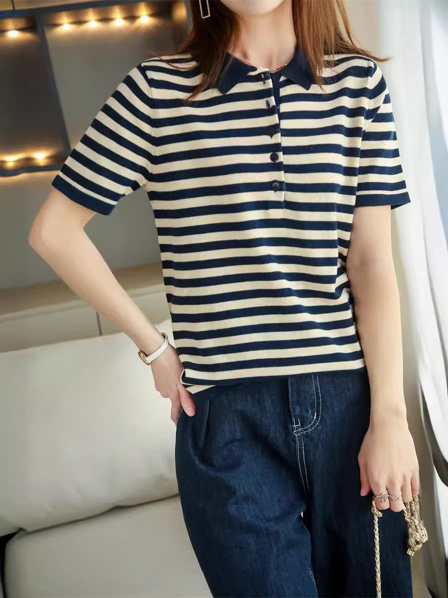Thumbnail: Striped Cotton Polo T-Shirt
