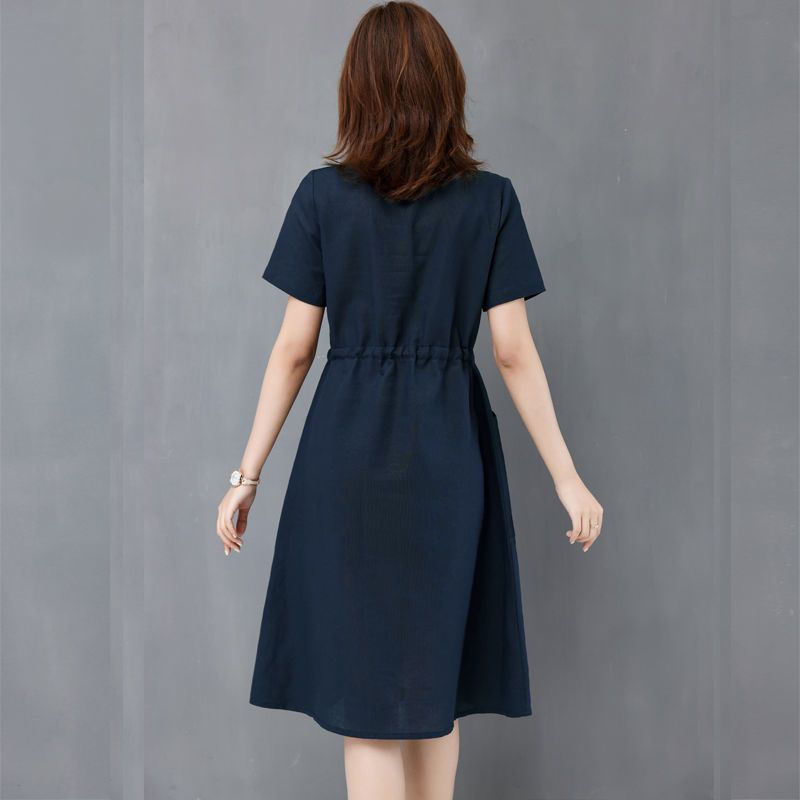 Thumbnail: Cotton Linen Midi Dress – Drawstring Waist A-Line