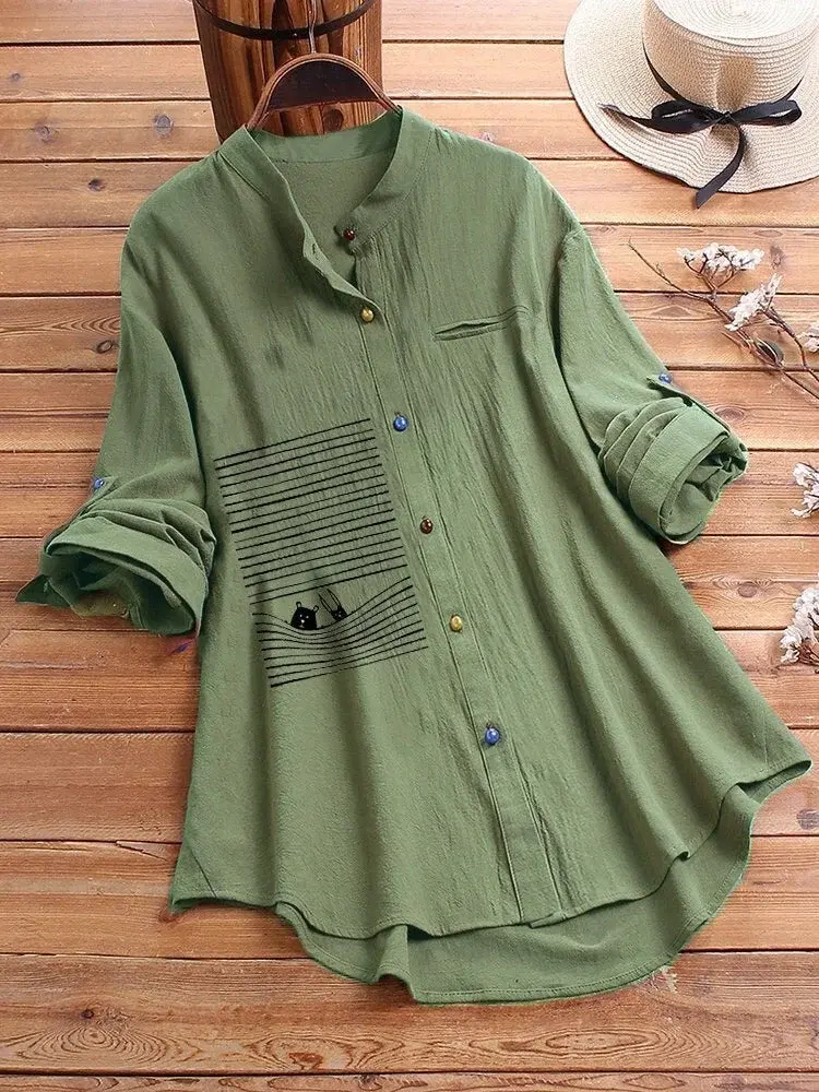 Thumbnail: Plus Size Printed Stand Collar Blouse