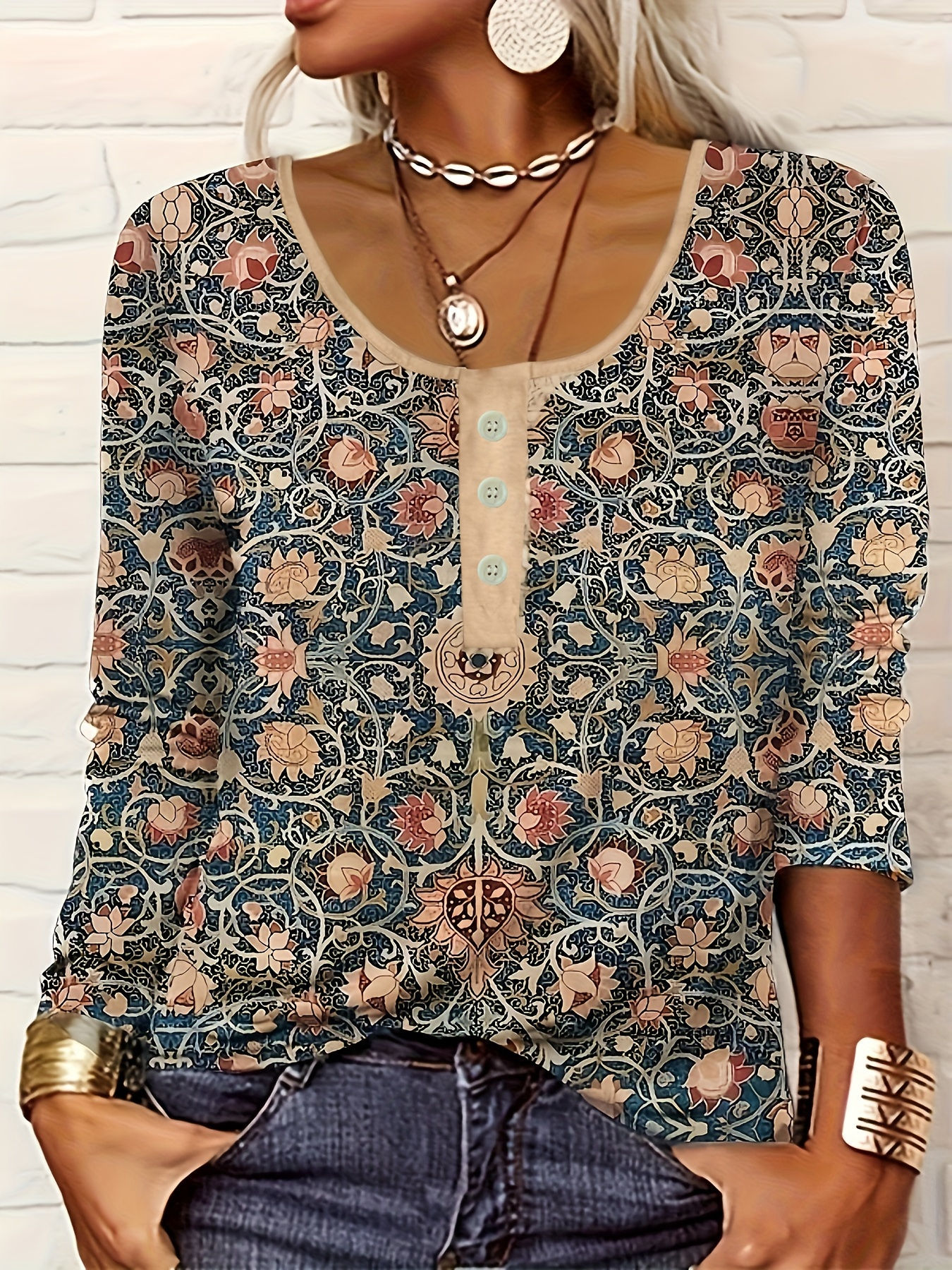 Plus Size Printed Button Long Sleeve Top
