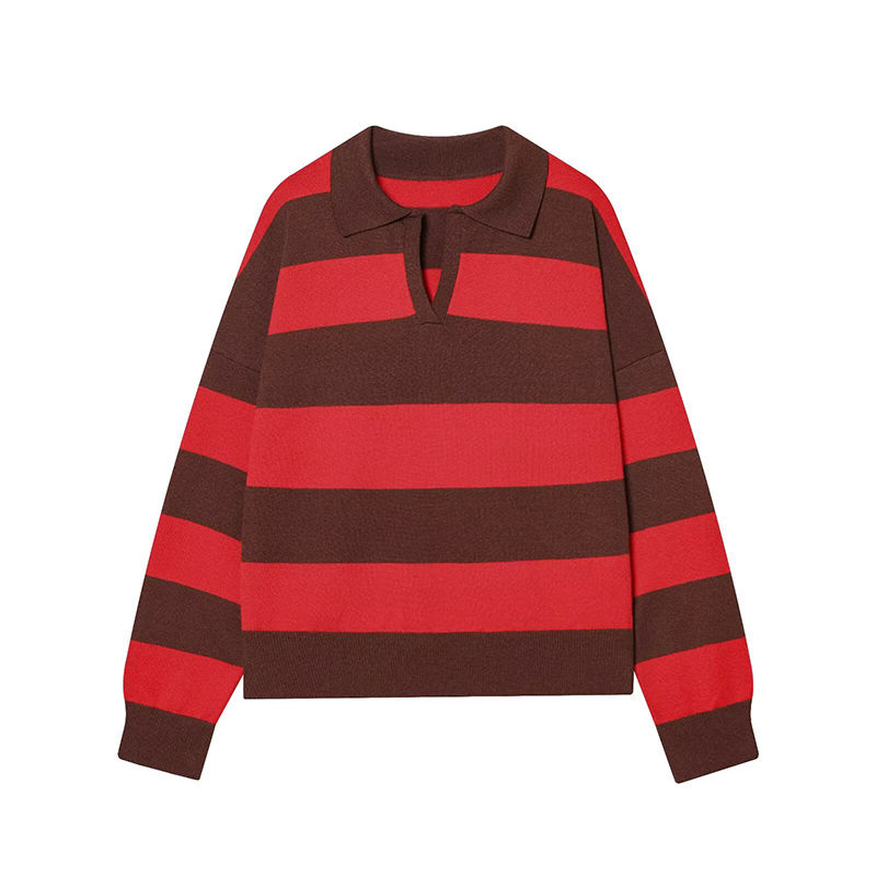 Thumbnail: Striped Polo Neck Knit Sweater