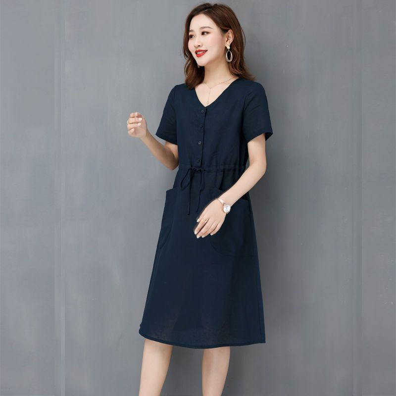 Thumbnail: Cotton Linen Midi Dress – Drawstring Waist A-Line