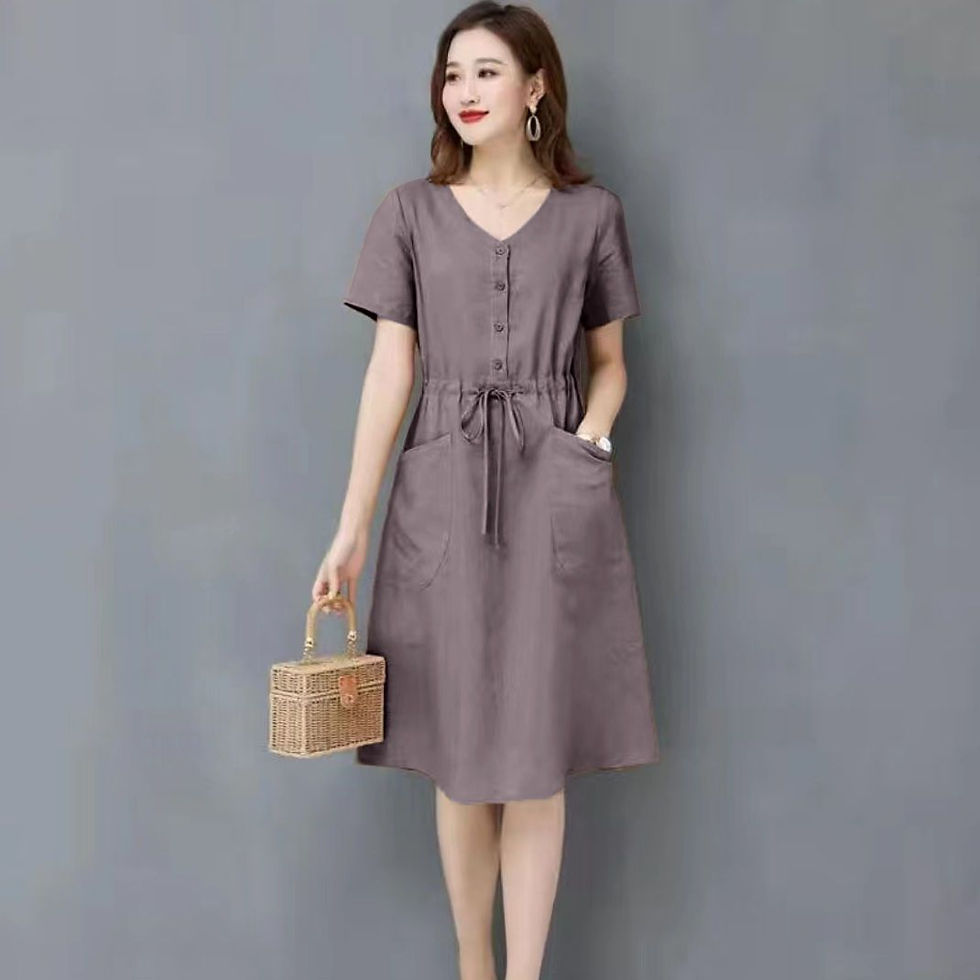 Thumbnail: Cotton Linen Midi Dress – Drawstring Waist A-Line