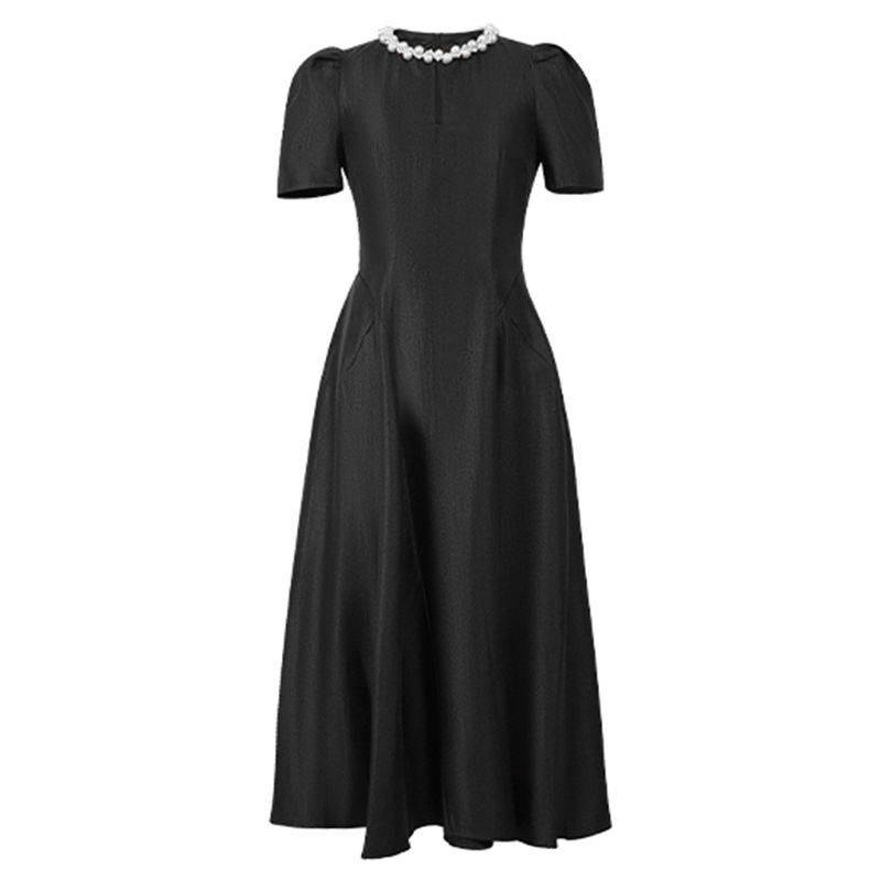Thumbnail: Minimal Midi Dress – Pearl Detail O-Neck