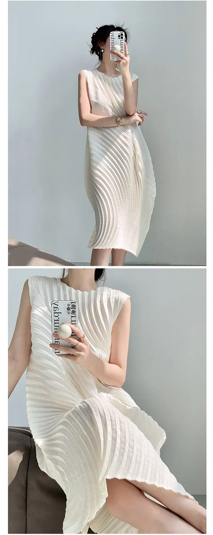Thumbnail: Pleated Midi Dress – Sleeveless Round Neck