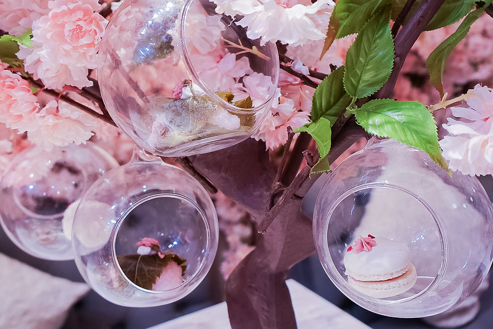 Glass globes hanging from a tree branch contain pink macarons and flowers. The setting features pink blossoms and green leaves.