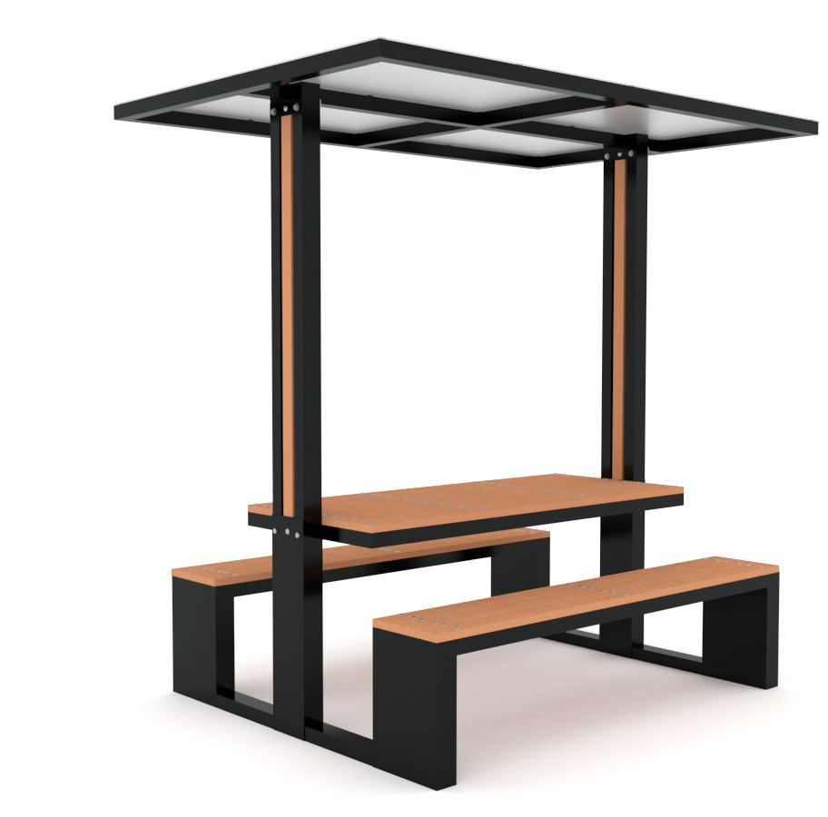 Mesa de picnic con techo de acrílico, estructura metálica y superficie de plastimadera para exteriores.