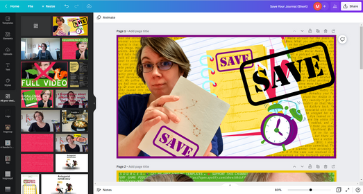 Jo's Canva desktop with her projects in the menu on the right and one of her current thumbnails, for a recent short "Save Your Journal" large in the drafting window.