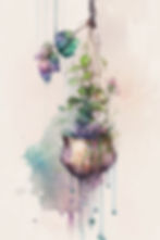Watercolor hanging plant art with purple blooms and drips