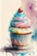 Watercolor cupcake with pink and blue frosting and cherry