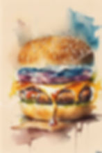 Watercolor painting of a juicy burger with melted cheese