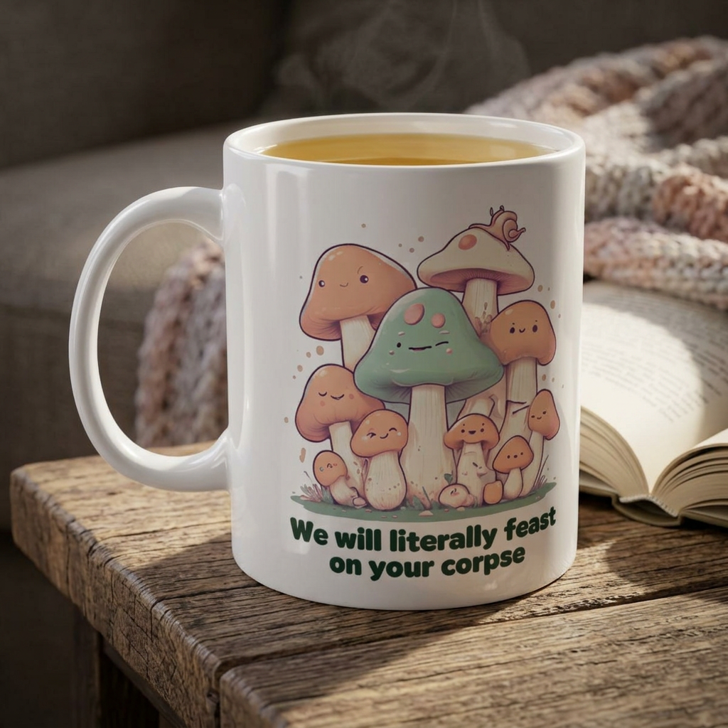 Dark humor mushroom ceramic mug Sarcastic Momma Studios gift for dark comedy coffee lovers