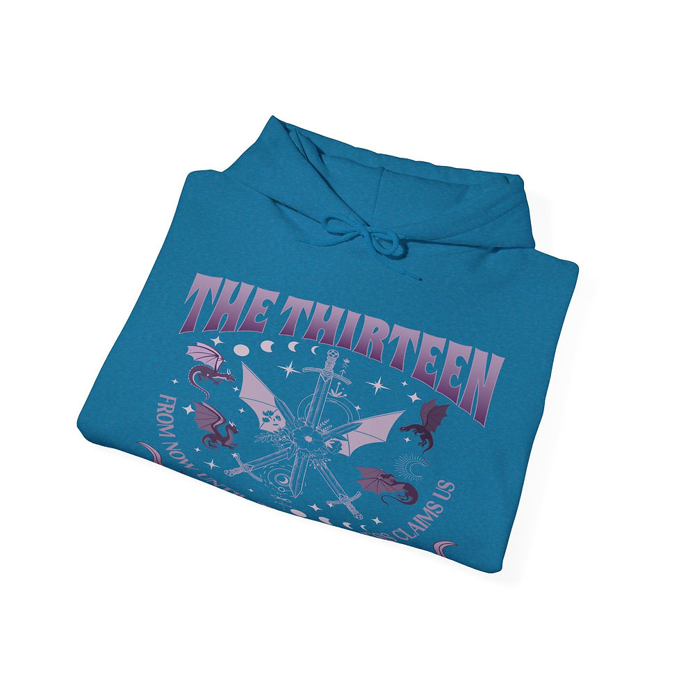 Thumbnail: Folded teal hoodie with 'THE THIRTEEN' and bat design