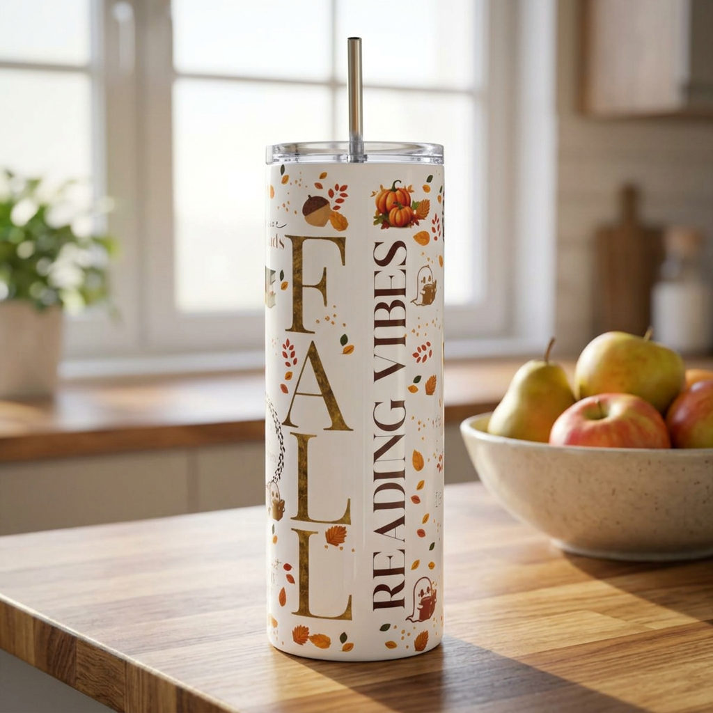 Cozy fall reading vibes 20oz stainless tumbler Sarcastic Momma Studios gift for book lovers