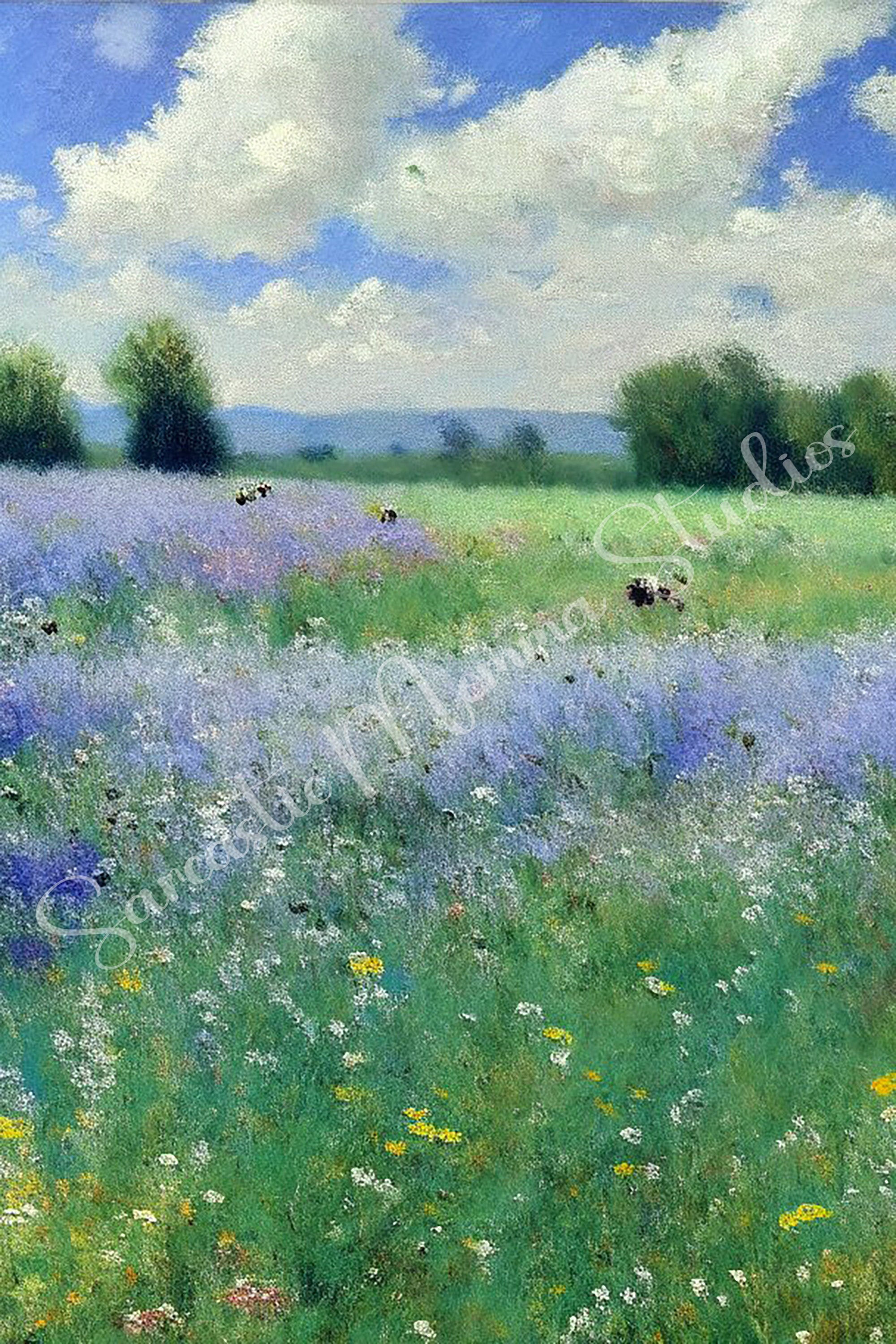 Watercolor flower meadow landscape