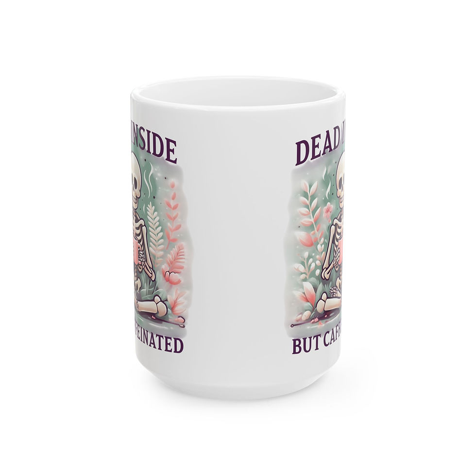 Thumbnail: White mug with skeleton reading book and partial text