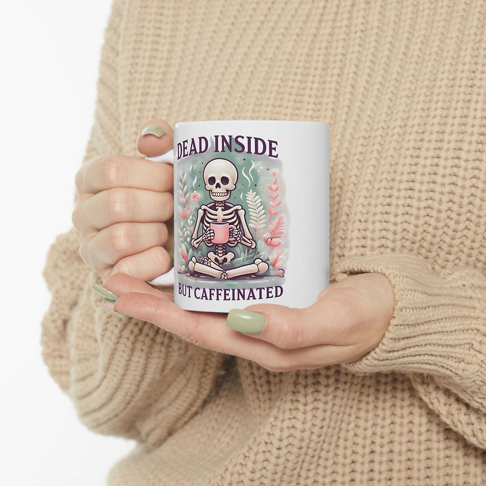 Thumbnail: White mug with skeleton, 'DEAD INSIDE BUT CAFFEINATED' text