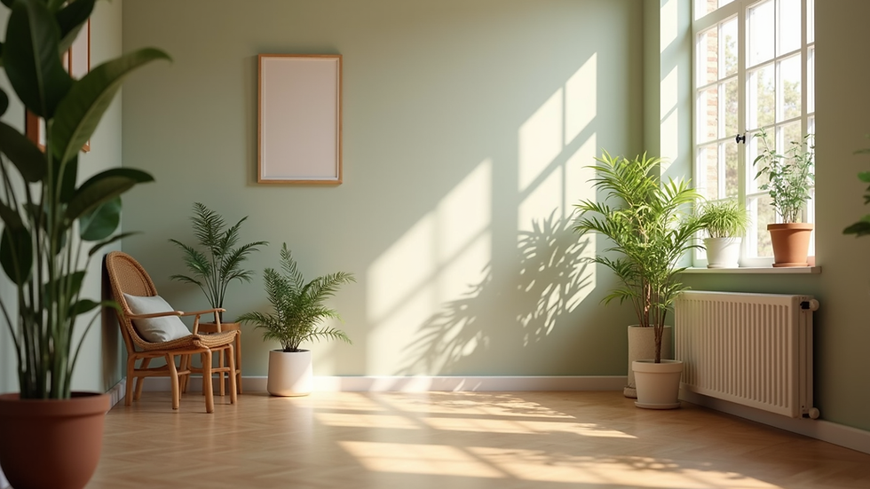 Eye-level view of a cozy naturopath clinic room with plants and natural light