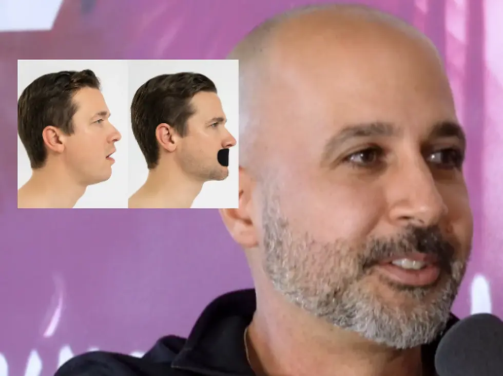 Dr. David Alfi speaking about mouth taping safety, with an inset comparison showing a man breathing through his mouth versus breathing with Hostage mouth tape applied