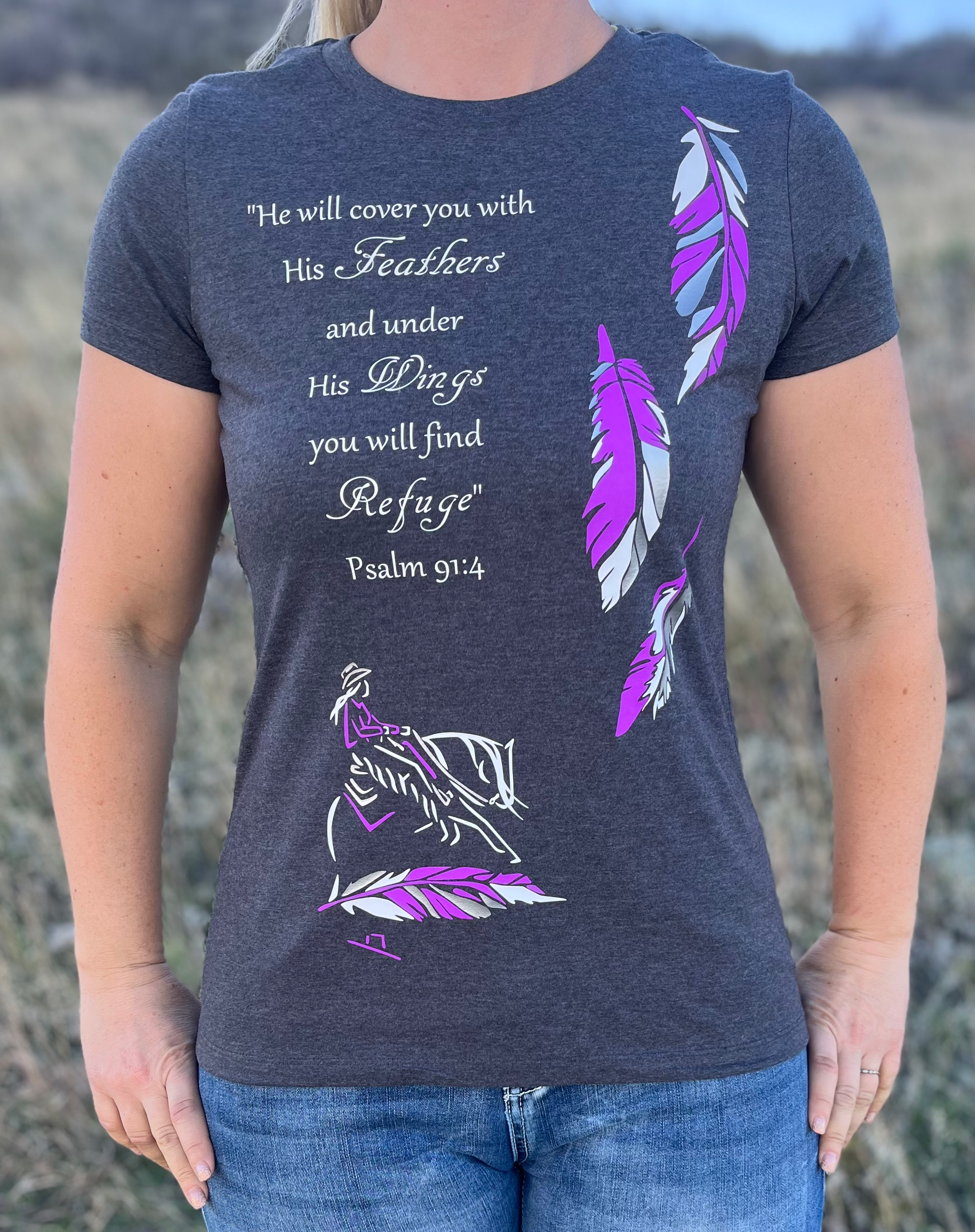 Ladies Purple Accent Scripture Feather Reiner Tee