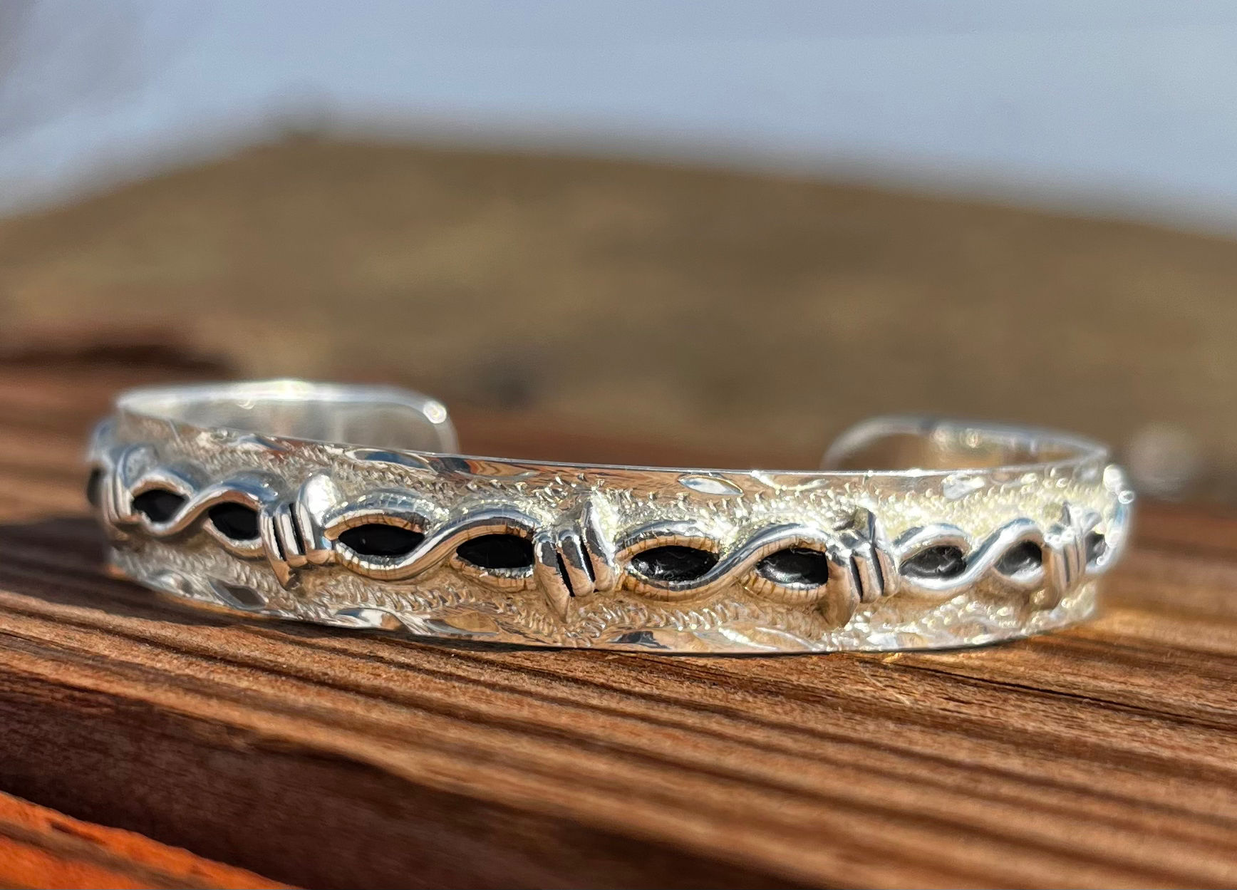 Silver Barbed Wire Cuff Bracelet with Black Details SBR-295