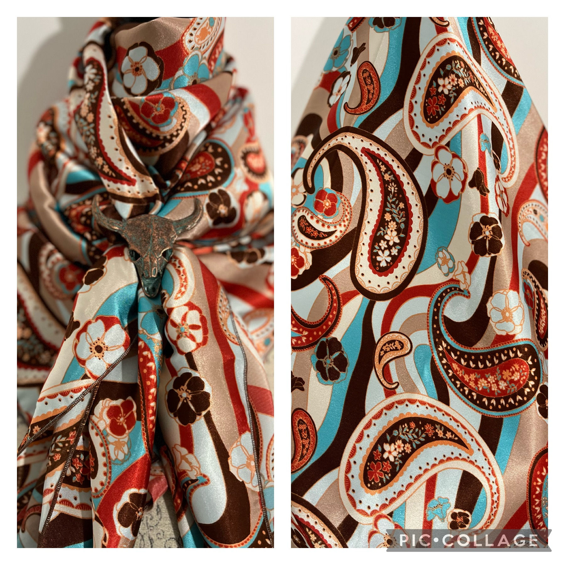 Cream, Brown, Aqua and Red Retro Paisley PA218