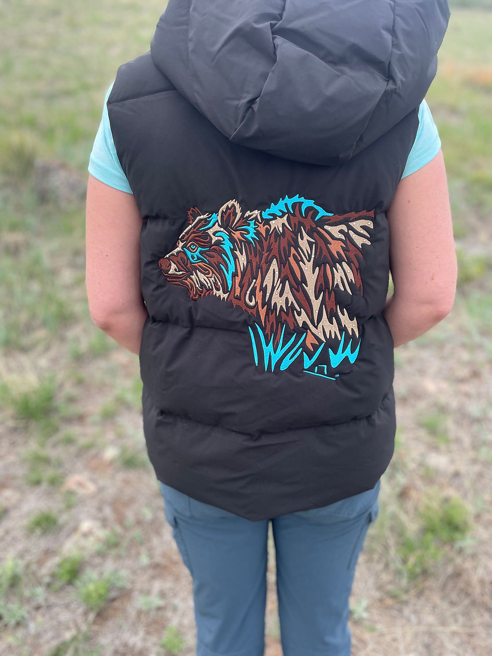 Thumbnail: Ladies Bear Embroidered Hooded Puffy Vest