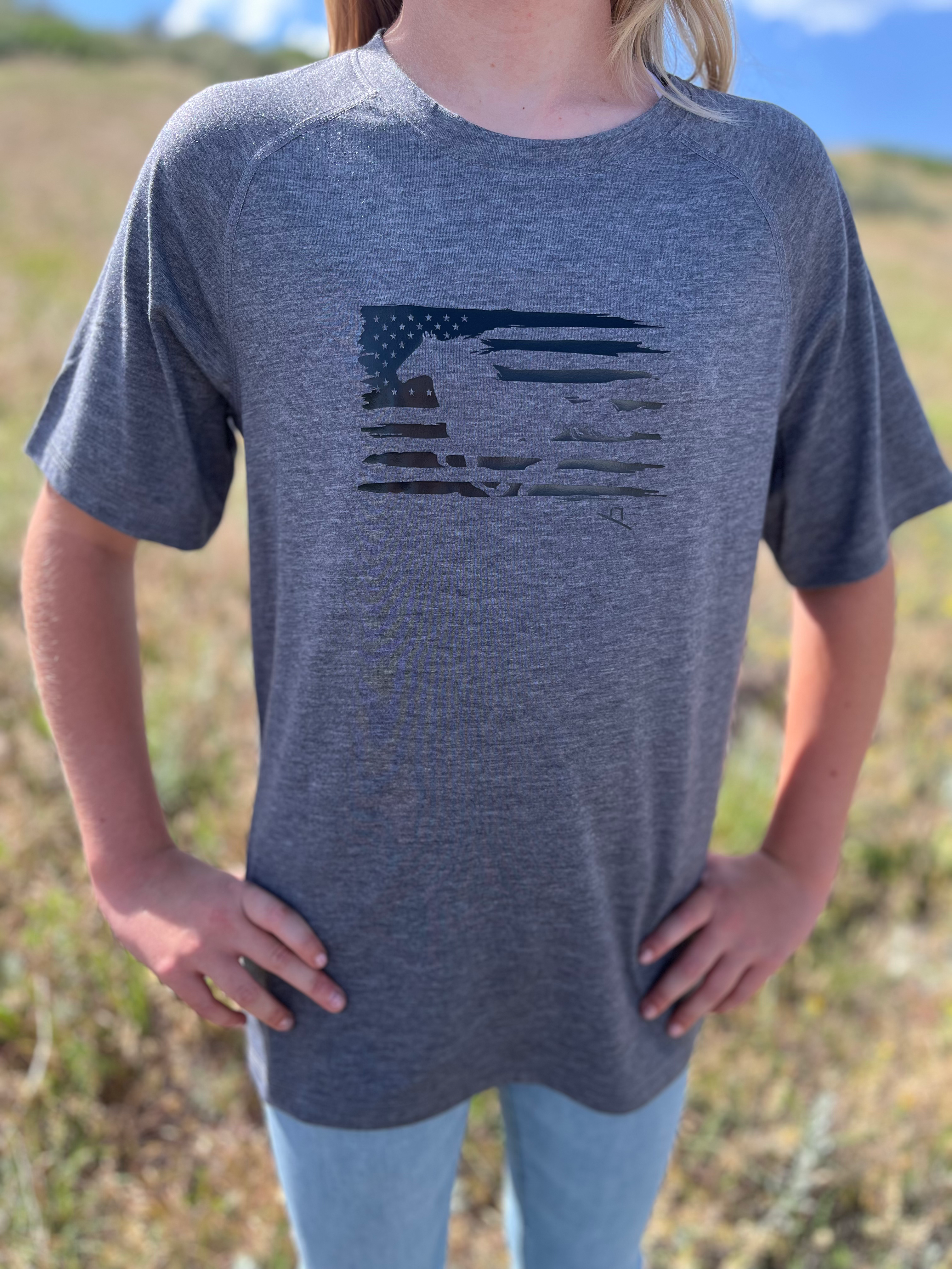 Youth Grey Sport Tee with Running Horse in Flag